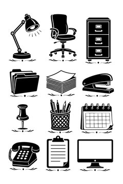 Office Equipment and Workplace Essentials Icon Set Black and White Vector Illustration