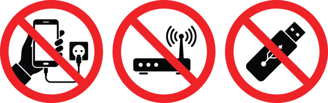 Restricted Unapproved Devices Prohibition Icon Set, Red IT Security Sign Vectors on White