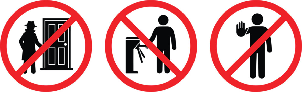 No Visitors Prohibition Icon Set, Red Security Warning Sign Vectors on White