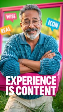 Confident middle-aged man in a blue knit polo inside a colorful social media frame, surrounded by &ldquo;WISE,&rdquo; &ldquo;REAL,&rdquo; and &ldquo;ICON&rdquo; comments, promoting experience, authenticity and intergenerational content.