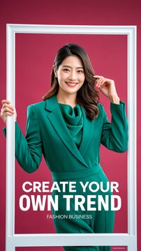 Confident woman in an elegant green suit holding a white frame against a vibrant pink background, with &ldquo;Create Your Own Trend&rdquo; typography promoting fashion, confidence and individuality.