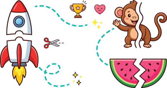 Cute Rocket and Monkey Adventure Illustration with Trophy, Broken Watermelon, Scissors and Playful Space-Themed Cartoon Elements