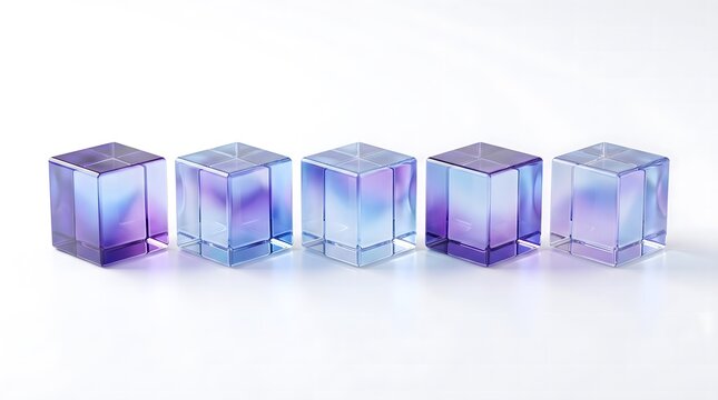 Five translucent cubes display gradient colors on a white surface