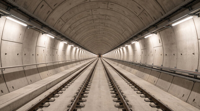 Modern Underground Railway Tunnel With Symmetrical Tracks and Vanishing Point