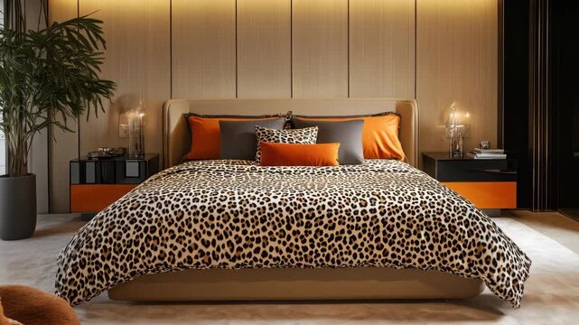 Luxury Bedroom Interior with Leopard Print Bedspread and Wood-Paneled Wall