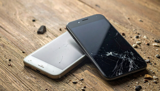 Close-up view of two modern mobile phones with severely shattered and cracked screens, discarded on a rustic wooden plank, symbolizing technology issues and device damage