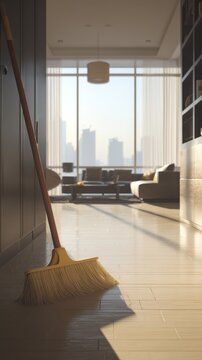 Broom Standing on Floor in Modern Apartment