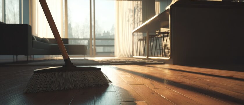 Broom Sweeping Wooden Floor in Sunny Living Room