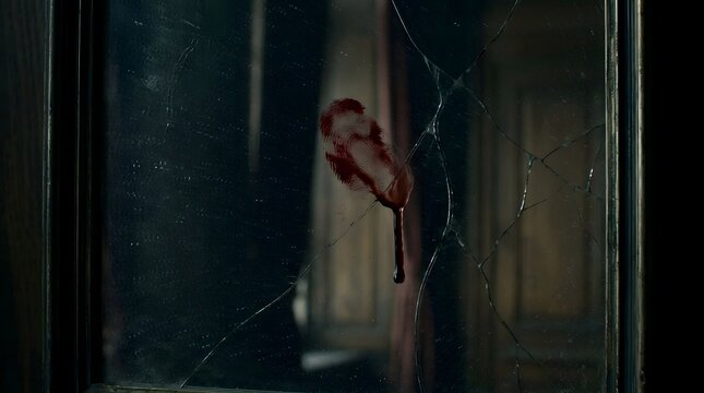 Eerie blood stain trickling down cracked glass in a dark room, ideal for spooky halloween mystery horror themes and suspenseful cinematic atmospheres