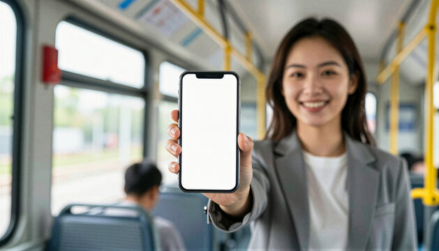 Asian woman showing smartphone with blank white screen mockup inside public bus, e-ticketing concept, generative AI