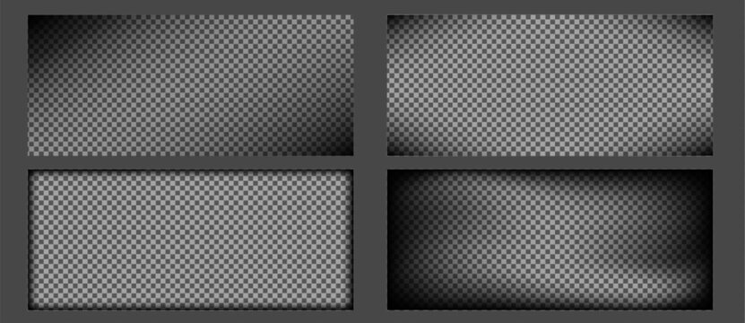 Set of black vignette effects with gradient fade on transparent background. Vector realistic illustration of dramatic shadow overlay for photo frames and vintage design with dark corner borders