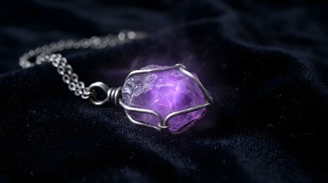 Magical glowing purple crystal amulet on a dark gothic velvet texture background, perfect spooky halloween witchcraft jewelry ornament