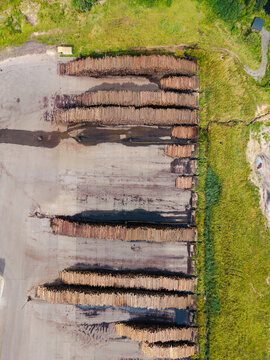 Aerial view of large stacks of sawn timber logs arranged in rows at a lumber yard, showcasing industrial wood processing and storage in Lauciene Parish, Talsi Municipality, Latvia.