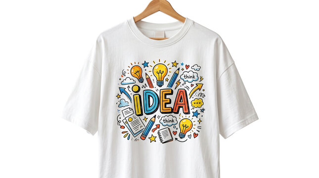 White T shirt Mockup with Creative Idea Doodle Design on Wooden Hanger