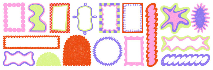 Wavy frame borders set with scalloped edges and cute Y2K retro design. Vector set of playful color crayon borders for kid photos, text box, decorative graphics, retro style geometric collage elements