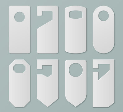 Hotel door hanger set isolated on background. Vector realistic illustration of blank room service tags of different shape, do not disturb sign template for handle, retro warning banner for quiet suite