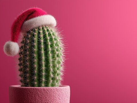 cactus wearing a santa hat on a pink background