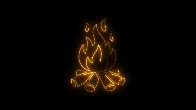 Glowing neon campfire with logs and flames on a black background