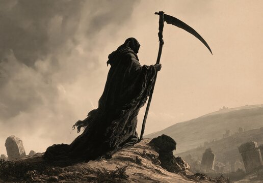 A vintage ink etching illustration of the grim reaper with a scythe in a neglected cemetery. Baroque ornamentation and a dark mood create a striking gothic design asset for Halloween.