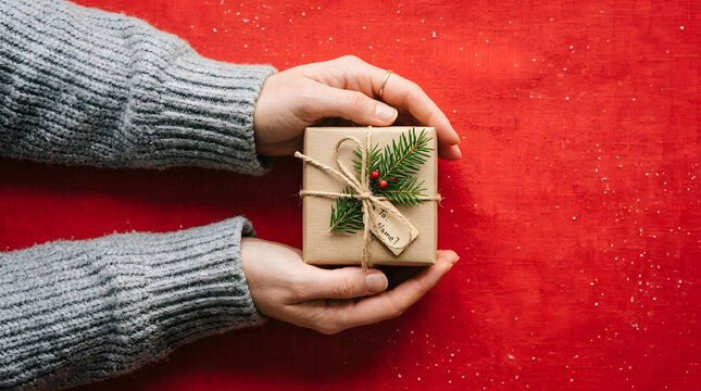 Hands holding festive gift box with green ribbon on red background for holiday promotions