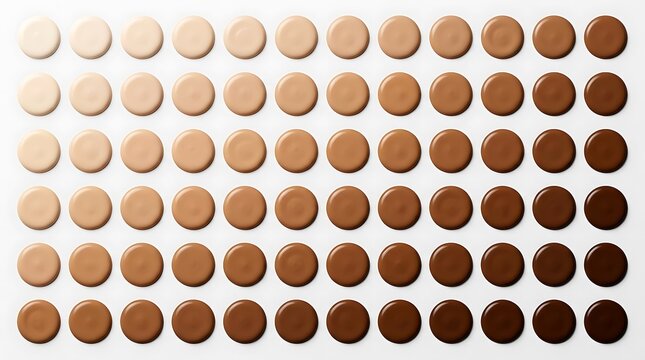 A collection of round swatches showing many different human skin tone colors in a grid pattern