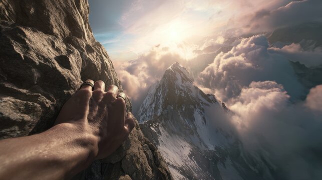 First Person View of Mountain Climbing at Sunset
