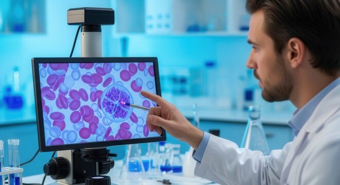 Scientist analyzes red blood cells and a parasite on a digital microscope screen in a modern laboratory.