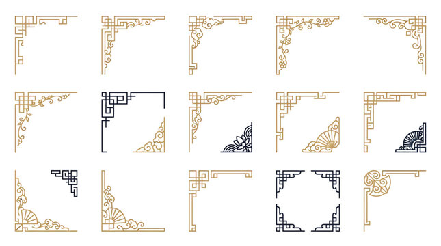 Set of decorative corner frames with traditional Asian and vintage ornamental design elements.