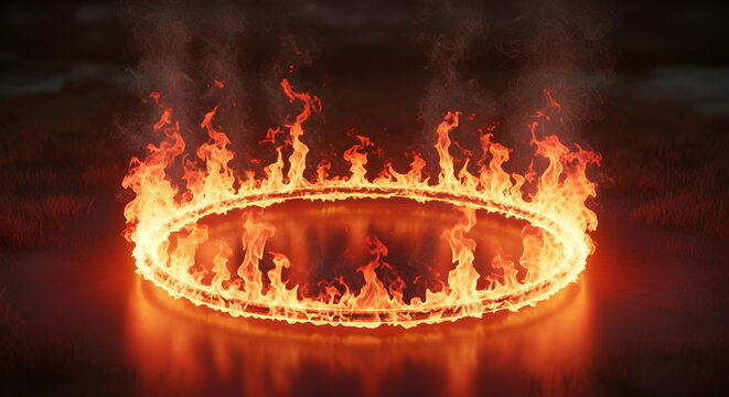 Burning ring of fire with bright flames on a dark reflective surface