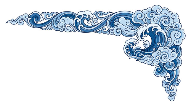 Blue Ocean Wave and Cloud Corner Decoration Flat Vector Asian Inspired Ornament Isolated on White Background