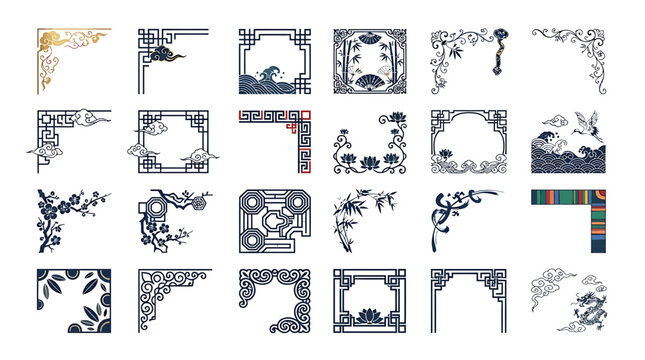 Set of traditional Korean and Asian style decorative corner frame elements and patterns.