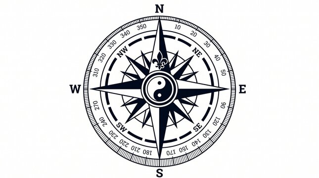 Monochrome compass rose illustration featuring a yin yang symbol for nautical and spiritual design