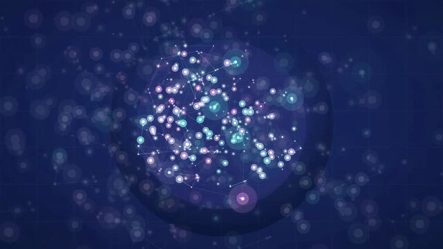 Abstract digital animation of glowing particles swirling inside a transparent sphere on dark blue background