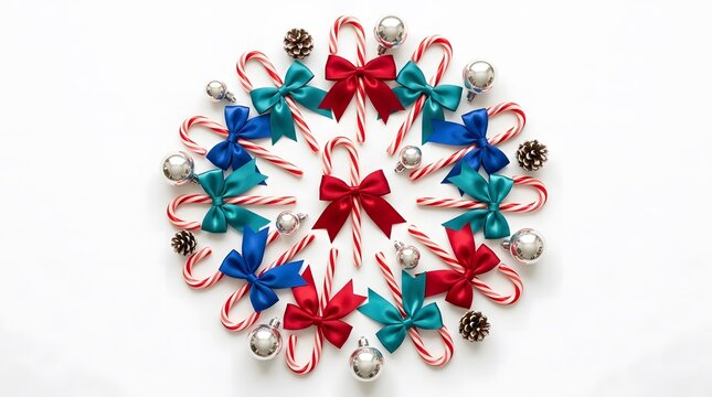 A festive wreath made of candy canes and colorful ribbons wishing everyone a very merry chistmas holiday season