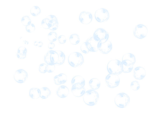 Transparent soapy bubbles and water drops cluster on black background