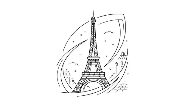 Minimalist Eiffel Tower line art with Paris skyline and decorative leaf frame, hand drawn travel and landmark illustration