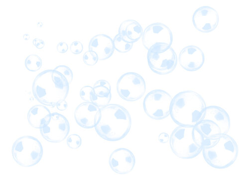Transparent soapy bubbles and water drops cluster on black background