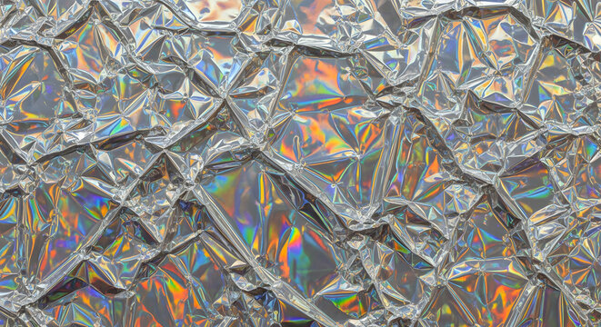Crumpled holographic foil background with iridescent rainbow reflections on metallic silver surface
