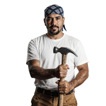 Construction worker hammer portrait of a handyman holding a tool isolated on a transparent background representing labor and industry