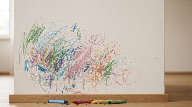 Colorful crayon scribbles on white wall made by child with crayons on wooden floor