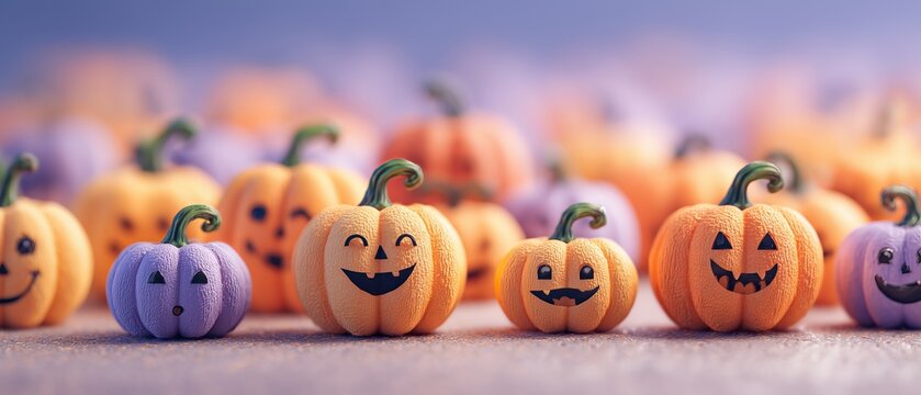 Collection of Cute Tiny Carved Pumpkins with Funny Faces on Soft Purple Background