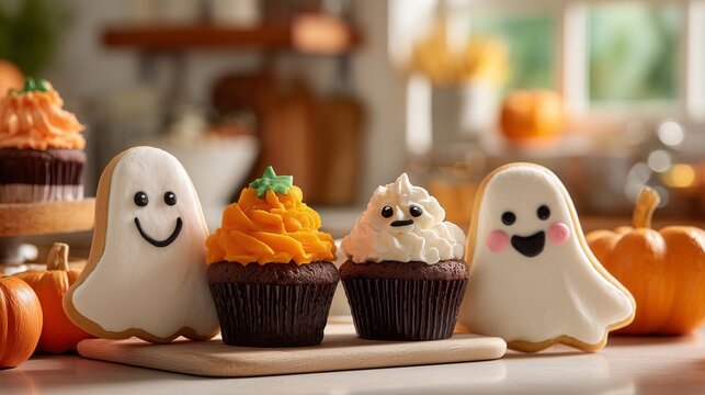 Festive Halloween Cupcakes and Ghost Cookies on Wooden Board in Bright Kitchen