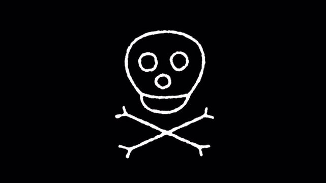 Hand Drawn White Skull And Crossbones Animation On Black Background.