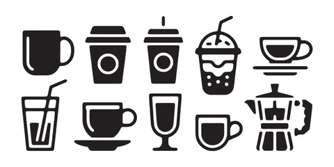 Obraz premium Coffee shop drink icons set featuring various cup styles including espresso mugs and takeaway containers.