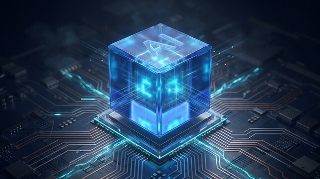 Glowing glass ai cube placed on dark electronic printed circuit board base.