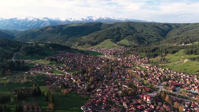 Aerial View of Koprivshtitsa and Snowy Balkan Mountains