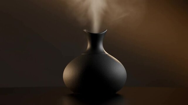 Modern black ceramic essential oil diffuser emitting a gentle mist in a dark room.