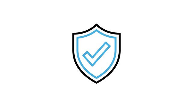 Shield icon animation with checkmark symbol for security, protection, secure, safe, guarantee, protect, privacy, access, defense, insurance, badge, emblem, approved, valid. Motion graphics