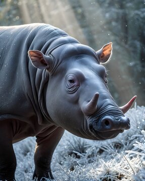 A babirusa pig hybrid fictional species, digitally created animal,  in a frost valley