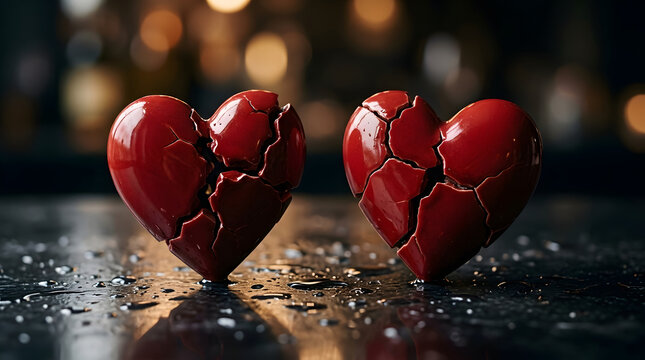 Broken red heart sculptures symbolizing love loss and emotional pain on reflective surface
